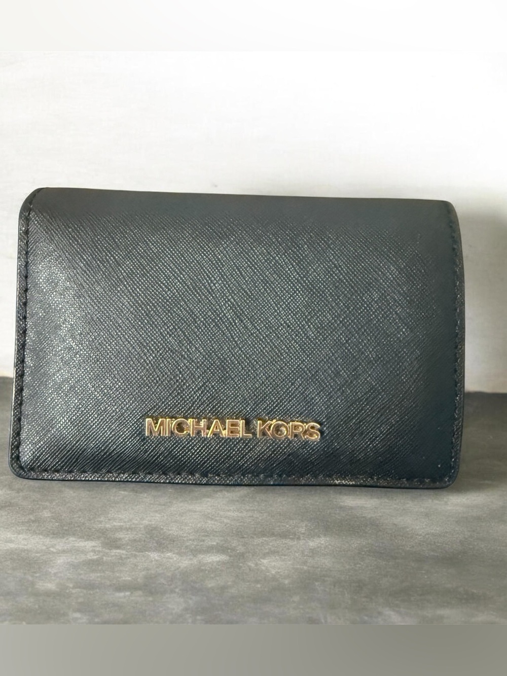 Michael Kors Black Leather Folding Wallet with Gold Logo